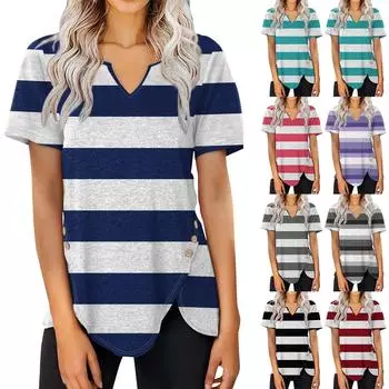 Женские топы с v-образным вырезом, футболки с короткими рукавами, пуговицы сбоку, туники с принтом, женская модная летняя одежда L чёрный