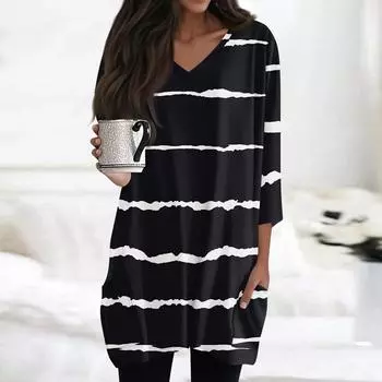 Женские топы с V-образным вырезом и рукавом 3/4 Блузки Повседневные рубашки средней длины Модные принты Туники Топы с карманами L чёрный