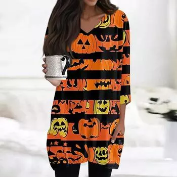 Женские топы с V-образным вырезом и рукавом 3/4, повседневные блузки средней длины, модные туники с принтом на Хэллоуин и карманами XXL шафрановый