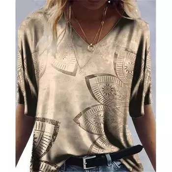 Женские топы с v-образным вырезом и короткими рукавами с цветочным принтом, свободная футболка, повседневная блузка для женщин, лето 2022 г. 3XL коричневый