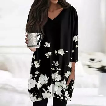 Женские топы с V-образным вырезом и рукавом 3/4 Блузки Повседневные рубашки средней длины Модные принты Туники Топы с карманами XXXL