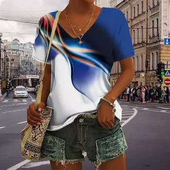 Женские топы с v-образным вырезом и короткими рукавами, синие легкие топы с принтом, свободная футболка, повседневная блузка XS синий