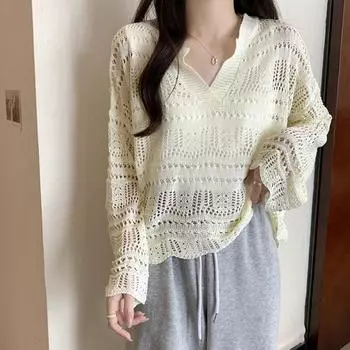 Женские топы с v-образным вырезом и вязаным свитером