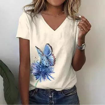 Женские топы с v-образным вырезом и короткими рукавами, бабочкой и цветочным принтом, свободная футболка, повседневная блузка XS белый