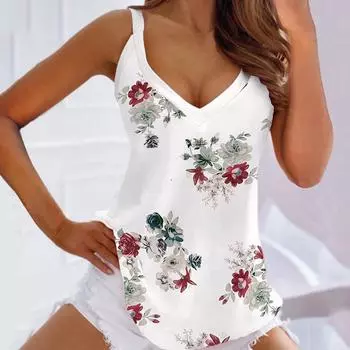 Женские топы с V-образным вырезом и цветочным принтом, женская летняя праздничная повседневная свободная футболка с жилетом S белый