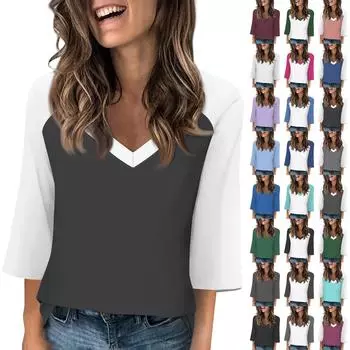 Женские топы с v-образным вырезом и рукавами 3/4, повседневные футболки, базовые летние футболки, свободный крой, осенний пуловер, туника L чёрный