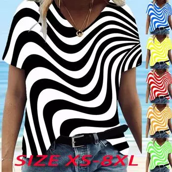 Женские топы с v-образным вырезом и короткими рукавами, изогнутые линии, принт, свободная футболка, повседневная блузка XS зелёный
