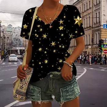 Женские топы с v-образным вырезом и коротким рукавом с принтом золотых звезд, свободная футболка, повседневная блузка XS красный