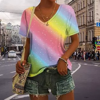 Женские топы с v-образным вырезом и короткими рукавами, розовые звезды с принтом, свободная футболка, повседневная блузка XS розовый