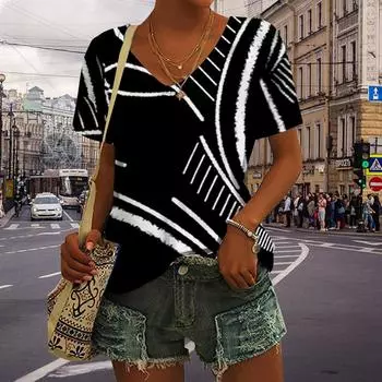 Женские топы с v-образным вырезом и короткими рукавами, белые линии с принтом, свободная футболка, повседневная блузка XS красный