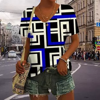 Женские топы с v-образным вырезом и короткими рукавами, красный лабиринт с принтом, свободная футболка, повседневная блузка XS красный