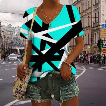 Женские топы с v-образным вырезом и короткими рукавами, фиолетовые топы с пересекающимися линиями и принтом, свободная футболка, повседневная блузка XS розовый