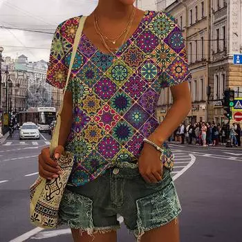 Женские топы с v-образным вырезом и короткими рукавами, розовые снежинки с принтом, свободная футболка, повседневная блузка XS красный