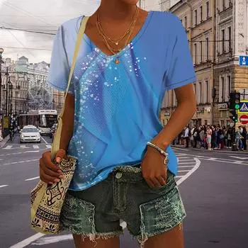 Женские топы с v-образным вырезом и короткими рукавами, кривая и кривая воды, свободная футболка, повседневная блузка XS синий