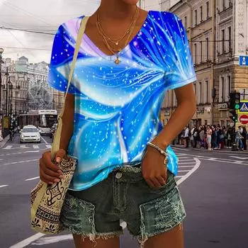 Женские топы с v-образным вырезом и коротким рукавом, синие кристаллы с цветочным принтом, свободная футболка, повседневная блузка XS синий