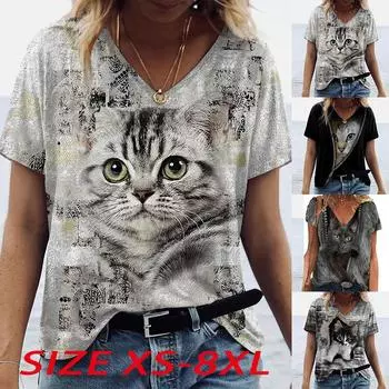 Женские топы с v-образным вырезом и короткими рукавами, серые топы с принтом кошек, свободная футболка, повседневная блузка XS зелёный