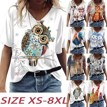 Женские топы с v-образным вырезом и коротким рукавом с наклонным принтом совы, свободная футболка, повседневная блузка XS зелёный