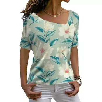 Женские топы с v-образным вырезом и короткими рукавами с 3D цветочным принтом, модные футболки с диагональным воротником, свободные повседневные уличные блузки, футболки для офиса S