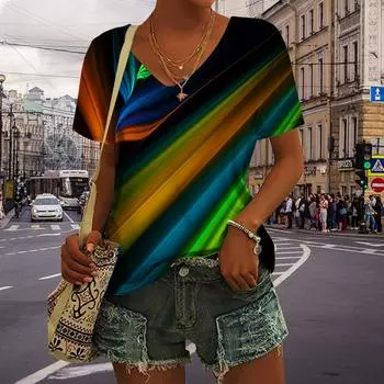 Женские топы с v-образным вырезом и короткими рукавами, разноцветные топы с радужным принтом, свободная футболка, повседневная блузка XS синий