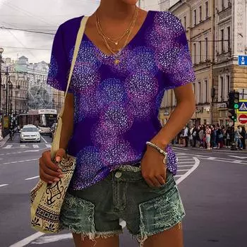 Женские топы с v-образным вырезом и короткими рукавами, фиолетовые топы с шариками и принтом, свободная футболка, повседневная блузка XS фиолетовый