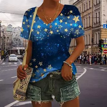 Женские топы с v-образным вырезом и коротким рукавом, синие звезды с принтом, свободная футболка, повседневная блузка XS синий