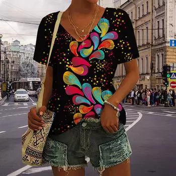 Женские топы с v-образным вырезом и коротким рукавом с принтом звездных лепестков, свободная футболка, повседневная блузка XS белый