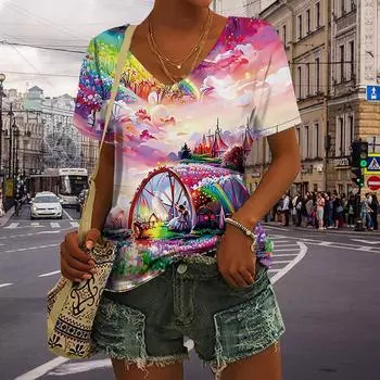 Женские топы с v-образным вырезом и коротким рукавом Pink World с принтом, свободная футболка, повседневная блузка XS розовый