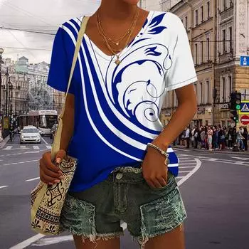 Женские топы с v-образным вырезом и короткими рукавами, синие изогнутые топы с цветочным принтом, свободная футболка, повседневная блузка XS синий