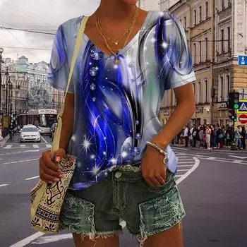 Женские топы с v-образным вырезом и коротким рукавом, синие капли воды, принт, свободная футболка, повседневная блузка XS зелёный