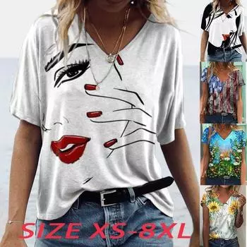 Женские топы с v-образным вырезом и короткими рукавами, красивые топы с принтом, свободная футболка, повседневная блузка XS красный
