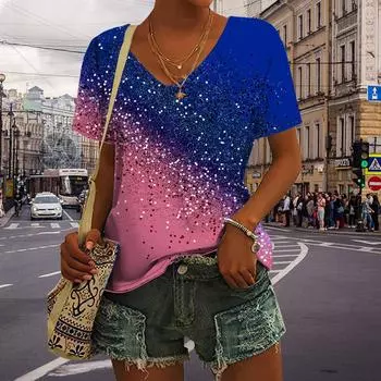 Женские топы с v-образным вырезом и коротким рукавом, розовые, синие, с блестками, с принтом, свободная футболка, повседневная блузка XS синий