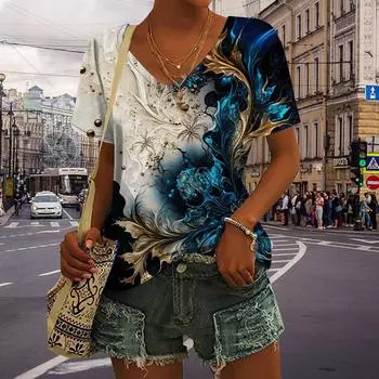 Женские топы с v-образным вырезом и короткими рукавами, красивый хвост с принтом, свободная футболка, повседневная блузка XS синий