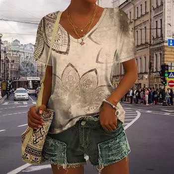 Женские топы с v-образным вырезом и короткими рукавами, бежевый лотос с принтом, свободная футболка, повседневная блузка XS бежевый