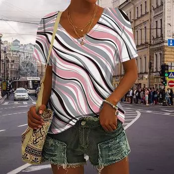 Женские топы с v-образным вырезом и короткими рукавами, серые топы с пудровым волнистым принтом, свободная футболка, повседневная блузка XS розовый