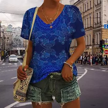 Женские топы с v-образным вырезом и коротким рукавом с принтом золотого лотоса, свободная футболка, повседневная блузка XS синий