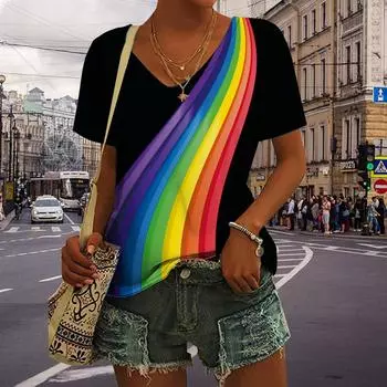 Женские топы с v-образным вырезом и коротким рукавом с принтом радужной орбиты, свободная футболка, повседневная блузка XS синий