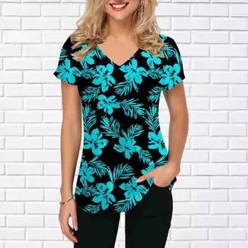 Женские топы с v-образным вырезом и короткими рукавами, подсолнечник, синие цветы и растения, свободная футболка, повседневная блузка XS синий