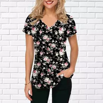 Женские топы с v-образным вырезом и короткими рукавами цвета подсолнечника и принтом роз, свободная футболка, повседневная блузка XS синий