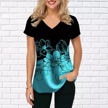 Женские топы с v-образным вырезом и короткими рукавами, подсолнух, синяя орхидея, свободная футболка, повседневная блузка XS синий