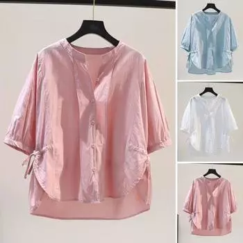 Женские топы с v-образным вырезом и половиной рукавов, рубашка на шнурке на талии, однотонные свободные цвета, однобортные топы, подходящая рубашка, уличная одежда XL розовый