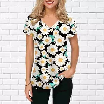 Женские топы с v-образным вырезом и короткими рукавами, подсолнечник, белая ромашка, свободная футболка, повседневная блузка XS розовый