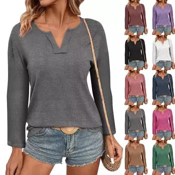 Женские топы с V-образным вырезом и длинным рукавом, повседневные футболки, свободные легкие туники, блузки, рубашки L чёрный