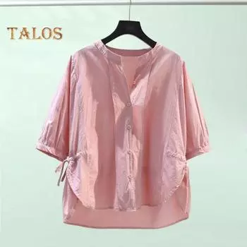 Женские топы с v-образным вырезом и половиной рукавов, рубашка на шнурке на талии, однотонная однобортная рубашка свободного покроя, топы, уличная одежда XL розовый