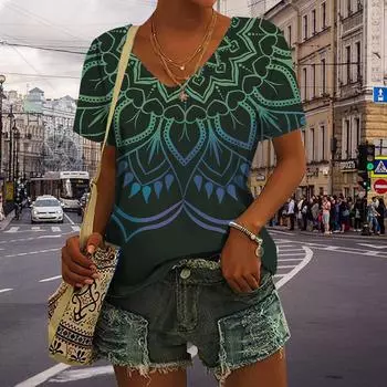 Женские топы с v-образным вырезом и короткими рукавами, зеленые цветы с принтом, свободная футболка, повседневная блузка XS зелёный