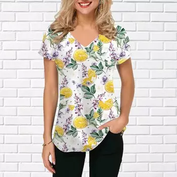 Женские топы с v-образным вырезом и коротким рукавом, подсолнечник, ломтики лимона, свободная футболка, повседневная блузка XS темно-синий