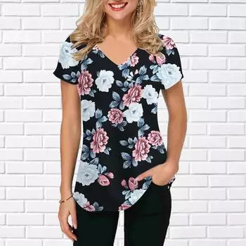 Женские топы с V-образным вырезом и коротким рукавом с принтом подсолнухов и цветов бегонии, свободная футболка, повседневная блузка XS зелёный