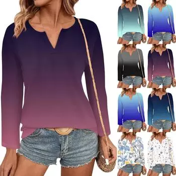 Женские топы с V-образным вырезом и длинным рукавом, повседневные футболки, свободные легкие туники, блузки, рубашки M фиолетовый