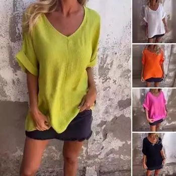 Женские топы с v-образным вырезом и коротким рукавом, однотонная футболка, тонкая рубашка, свободный крой, домашний пуловер, топы на открытом воздухе, повседневные L розы красного
