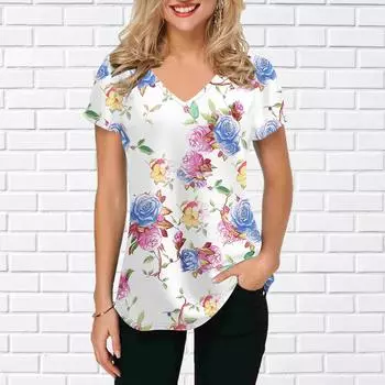 Женские топы с v-образным вырезом и короткими рукавами подсолнечника, двухцветные топы с принтом роз, свободная футболка, повседневная блузка XS зелёный