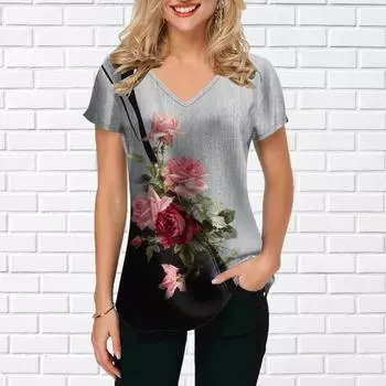 Женские топы с v-образным вырезом и короткими рукавами, подсолнечник, ежевика, роза, свободная футболка, повседневная блузка XS серый